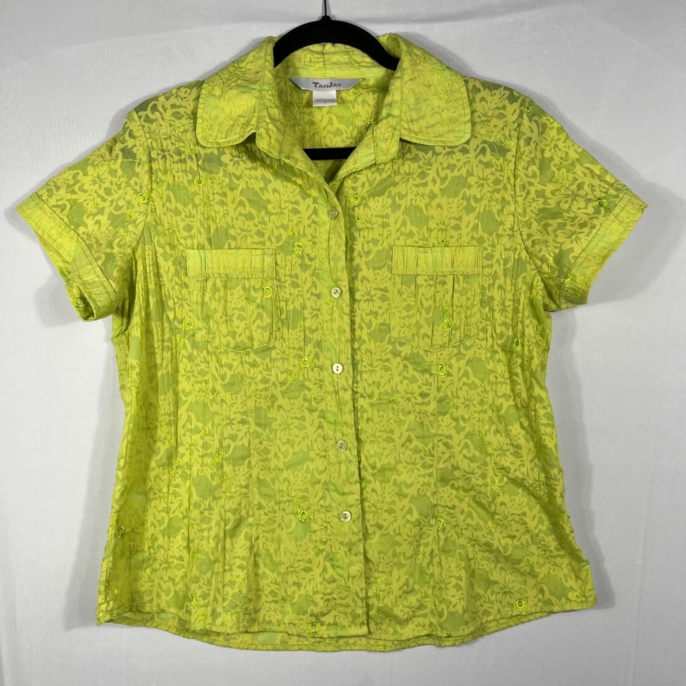 Vtg 90s Y2K Embroidered Floral Short Sleeve Button Down Shirt Lime Green Wms 10